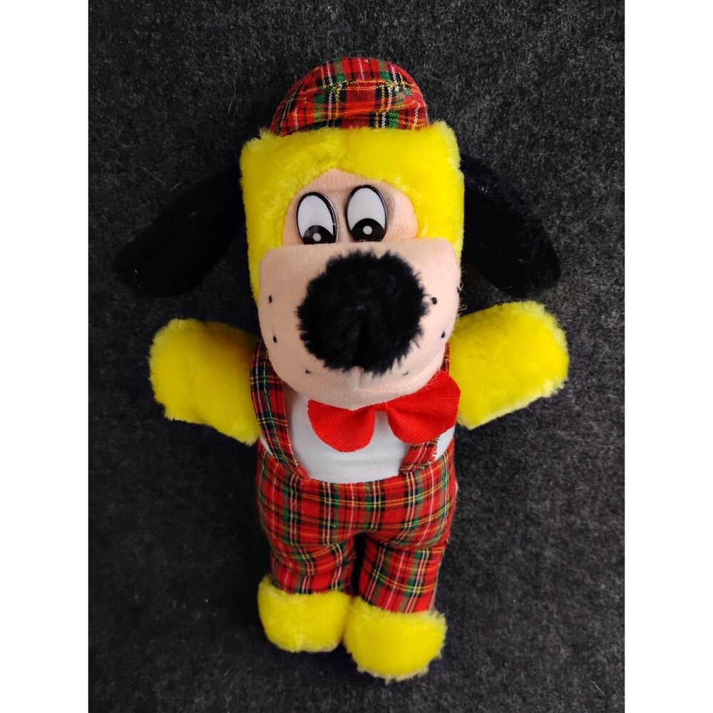 Vintage Dog Plush in Plaid Overalls Jumper Hat Red Bow Tie Puppy Stuffed Animal
